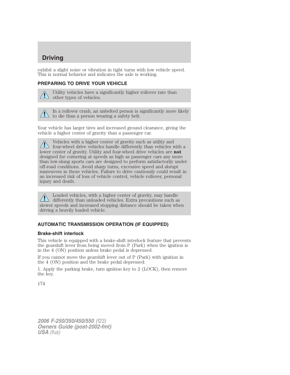 Preparing to drive your vehicle, Automatic transmission operation (if equipped), Brake-shift interlock | Transmission operation, Driving | FORD 2006 F-550 v.1 User Manual | Page 174 / 312