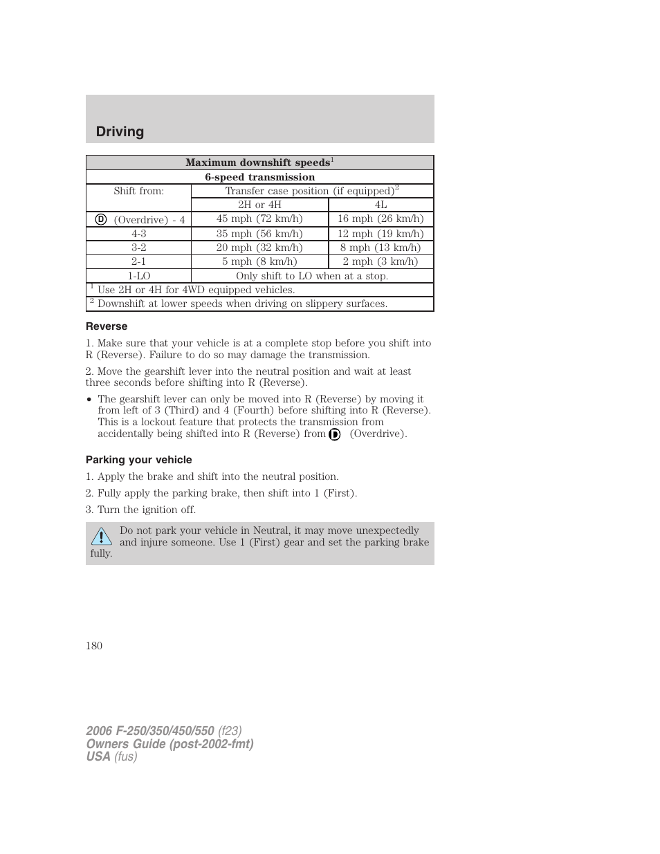 Reverse, Parking your vehicle, Driving | FORD 2006 F-550 v.1 User Manual | Page 180 / 312