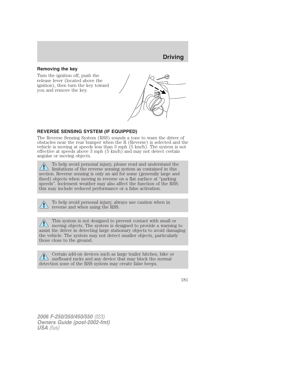 Removing the key, Reverse sensing system (if equipped), Driving | FORD 2006 F-550 v.1 User Manual | Page 181 / 312