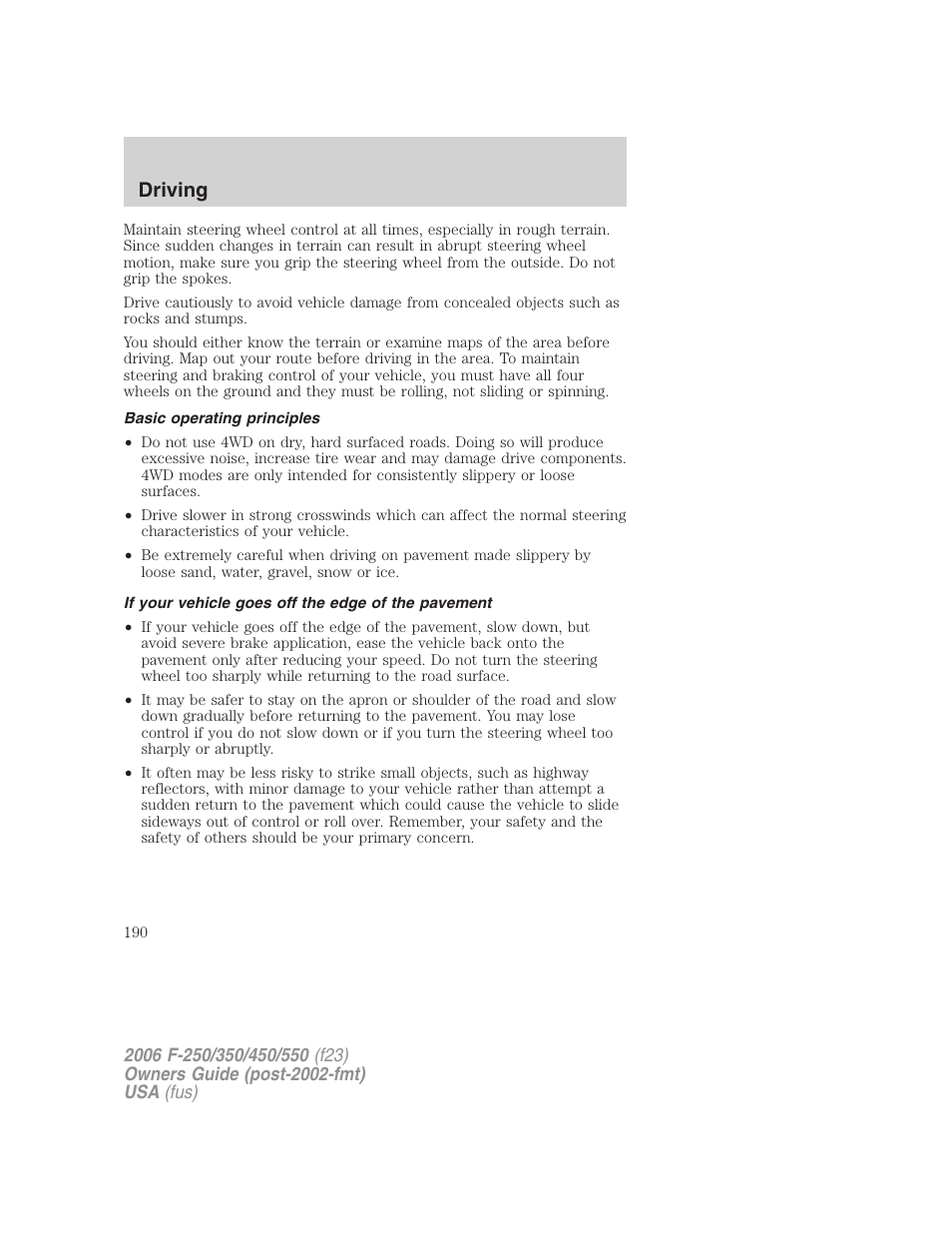 Basic operating principles, If your vehicle goes off the edge of the pavement, Driving | FORD 2006 F-550 v.1 User Manual | Page 190 / 312