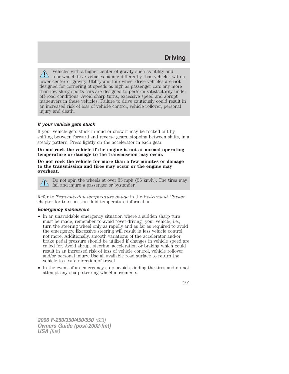 If your vehicle gets stuck, Emergency maneuvers, Driving | FORD 2006 F-550 v.1 User Manual | Page 191 / 312