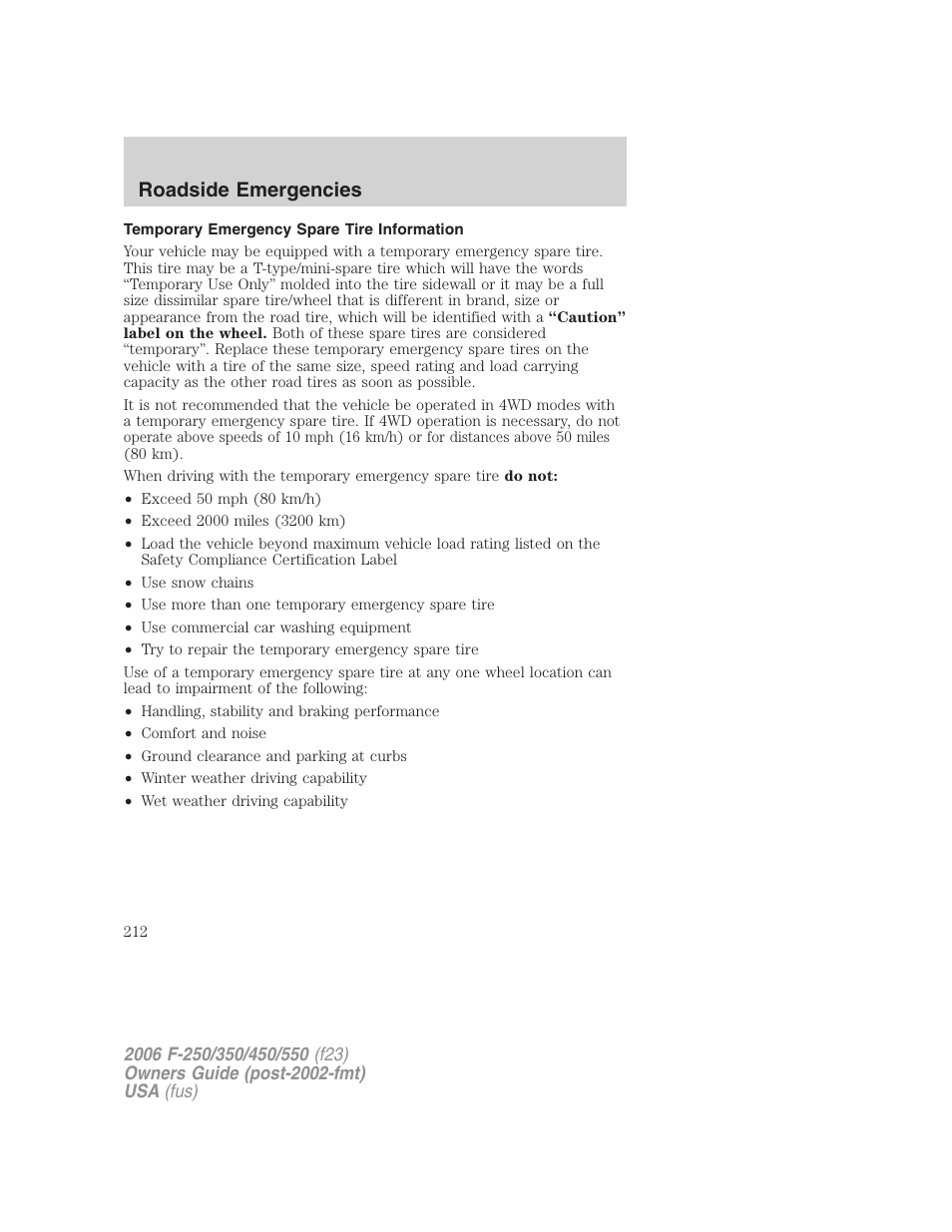 Temporary emergency spare tire information, Roadside emergencies | FORD 2006 F-550 v.1 User Manual | Page 212 / 312