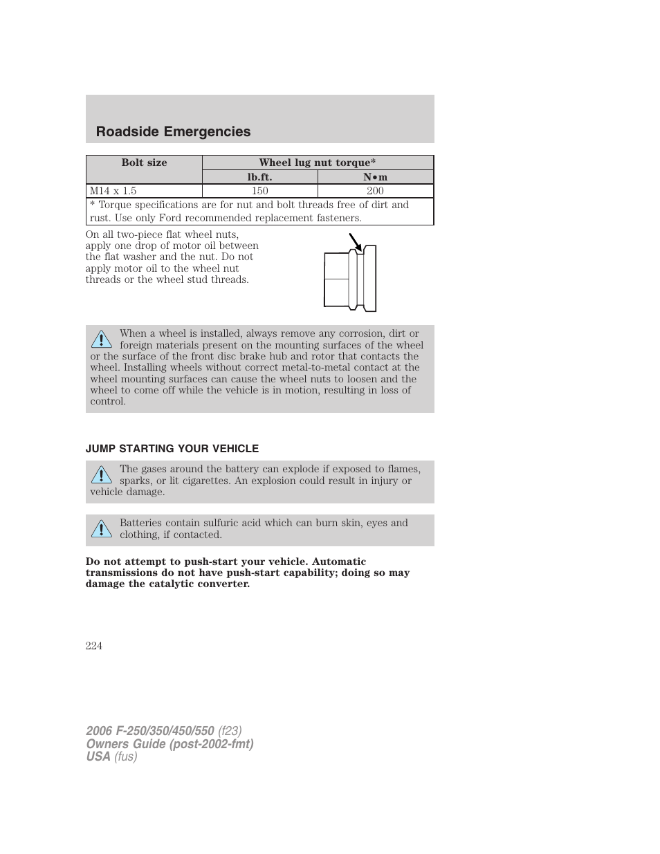 Jump starting your vehicle, Jump starting, Roadside emergencies | FORD 2006 F-550 v.1 User Manual | Page 224 / 312