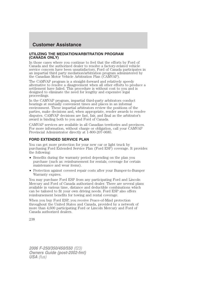 Ford extended service plan, Customer assistance | FORD 2006 F-550 v.1 User Manual | Page 238 / 312