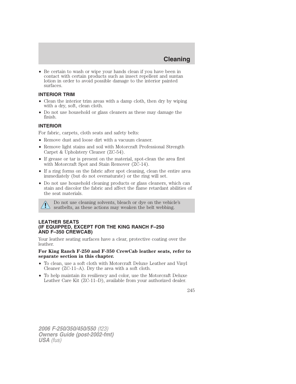 Interior trim, Interior, Cleaning | FORD 2006 F-550 v.1 User Manual | Page 245 / 312