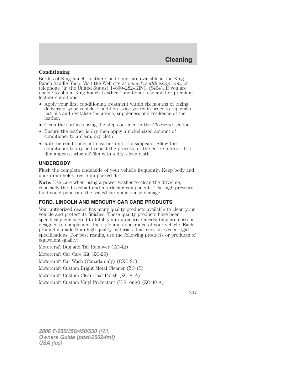 Underbody, Ford, lincoln and mercury car care products, Cleaning | FORD 2006 F-550 v.1 User Manual | Page 247 / 312