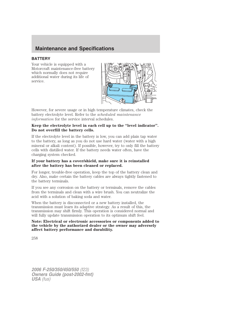 Battery, Maintenance and specifications | FORD 2006 F-550 v.1 User Manual | Page 258 / 312