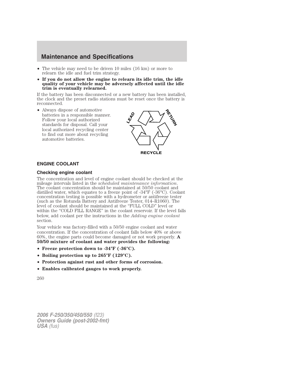 Engine coolant, Checking engine coolant, Maintenance and specifications | FORD 2006 F-550 v.1 User Manual | Page 260 / 312