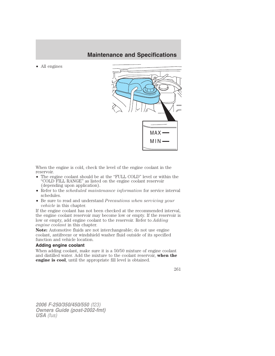 Adding engine coolant, Maintenance and specifications | FORD 2006 F-550 v.1 User Manual | Page 261 / 312