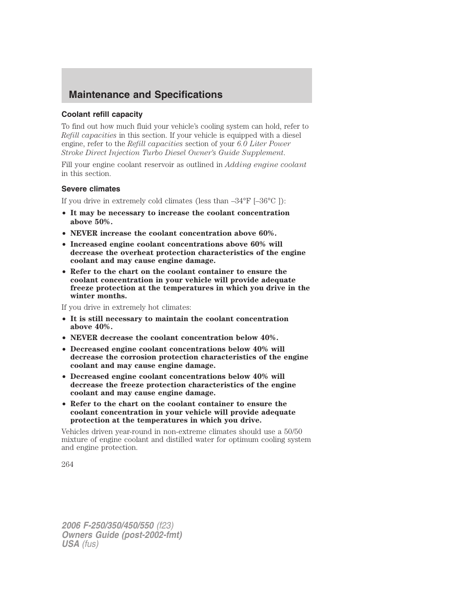 Coolant refill capacity, Severe climates, Maintenance and specifications | FORD 2006 F-550 v.1 User Manual | Page 264 / 312