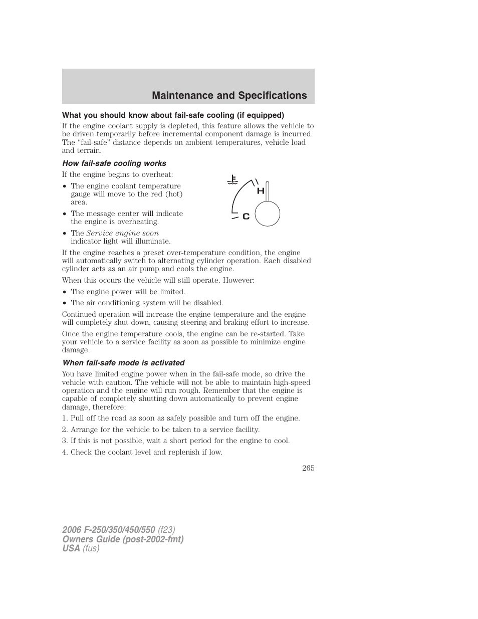 How fail-safe cooling works, When fail-safe mode is activated, Maintenance and specifications | FORD 2006 F-550 v.1 User Manual | Page 265 / 312