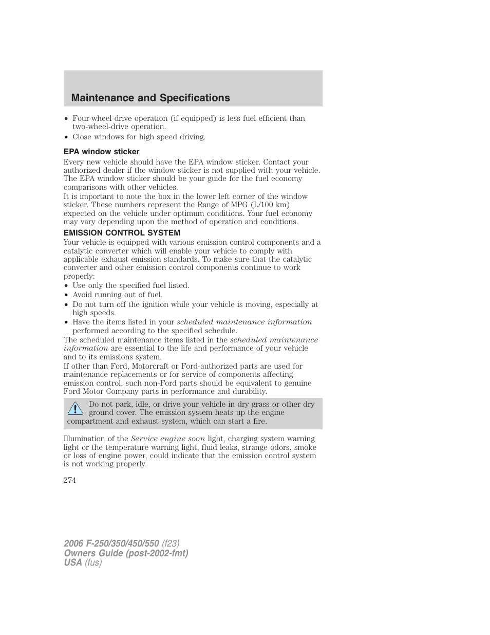 Epa window sticker, Emission control system, Maintenance and specifications | FORD 2006 F-550 v.1 User Manual | Page 274 / 312