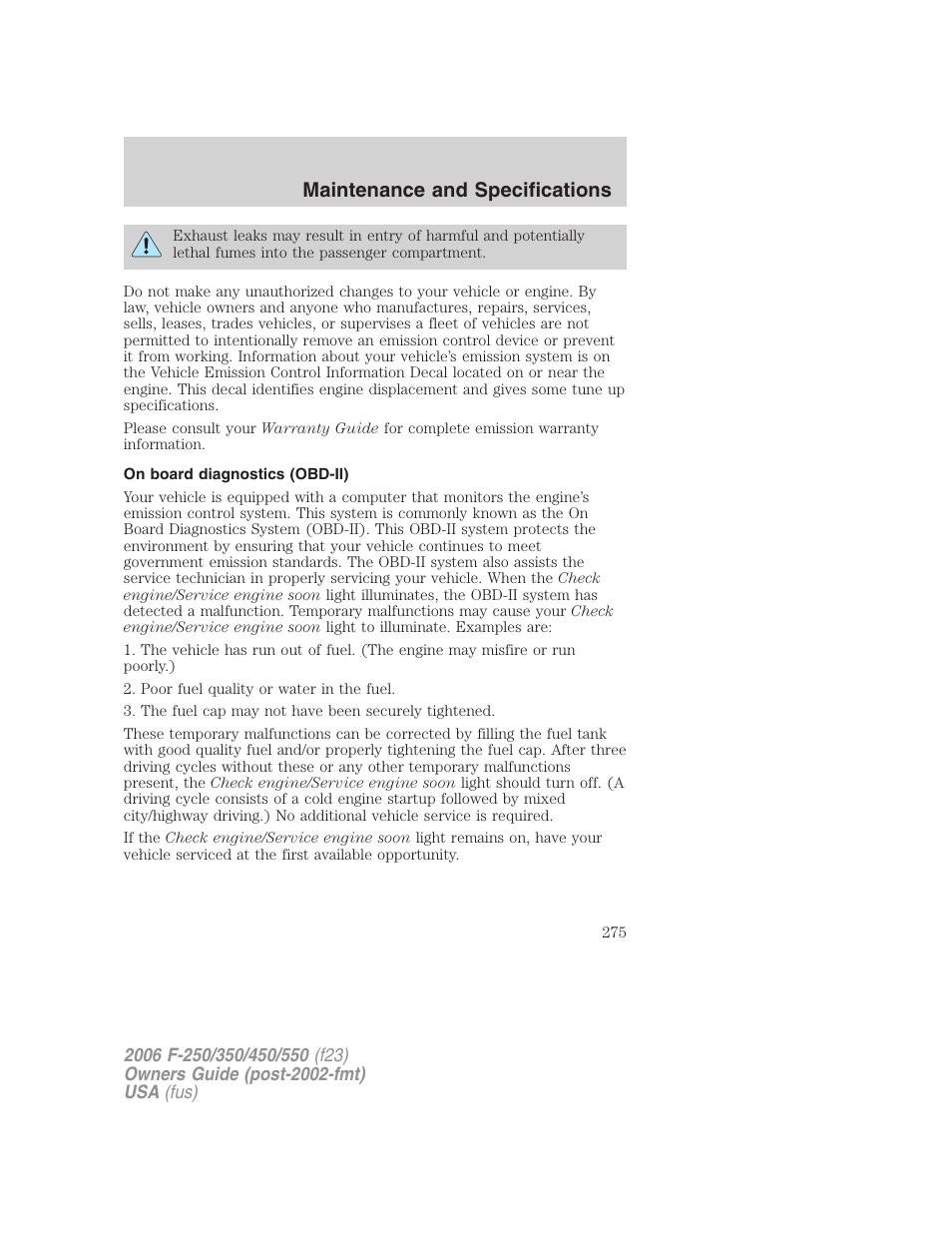 On board diagnostics (obd-ii), Maintenance and specifications | FORD 2006 F-550 v.1 User Manual | Page 275 / 312