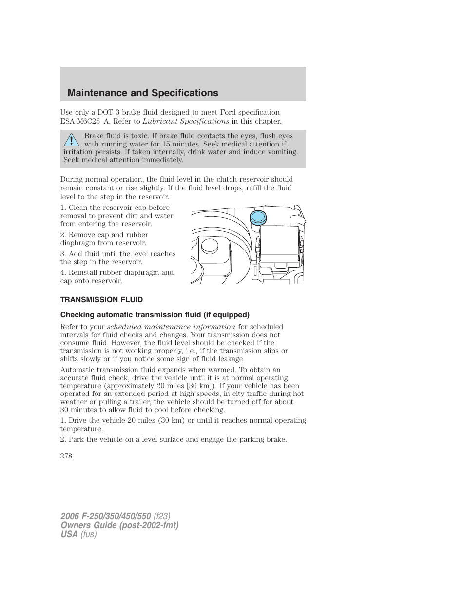 Transmission fluid, Maintenance and specifications | FORD 2006 F-550 v.1 User Manual | Page 278 / 312