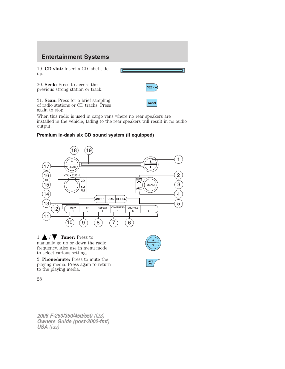 Premium in-dash six cd sound system (if equipped), Am/fm stereo with in-dash six cd, Entertainment systems | FORD 2006 F-550 v.1 User Manual | Page 28 / 312