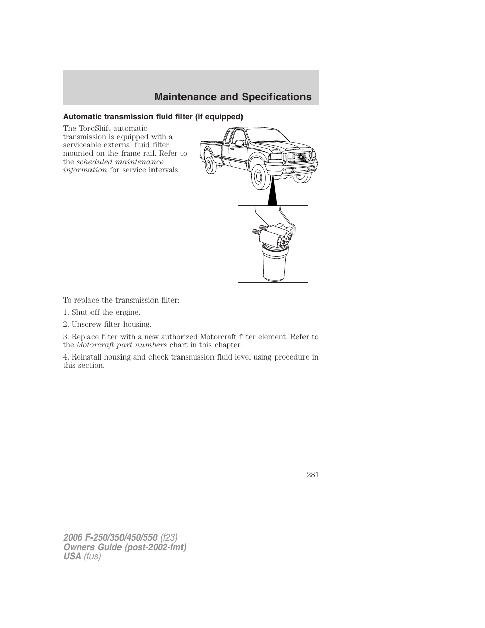 Automatic transmission fluid filter (if equipped), Maintenance and specifications | FORD 2006 F-550 v.1 User Manual | Page 281 / 312