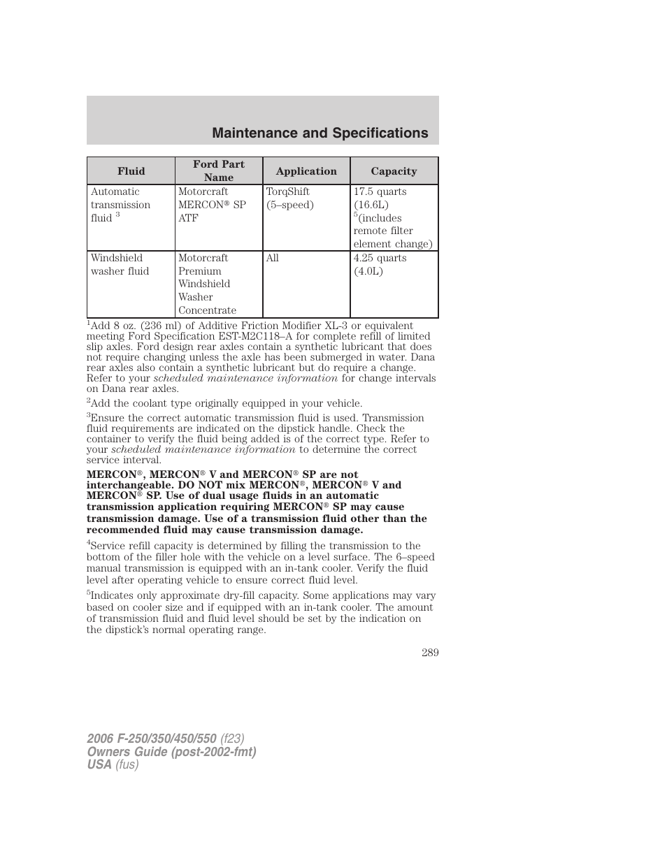 Maintenance and specifications | FORD 2006 F-550 v.1 User Manual | Page 289 / 312