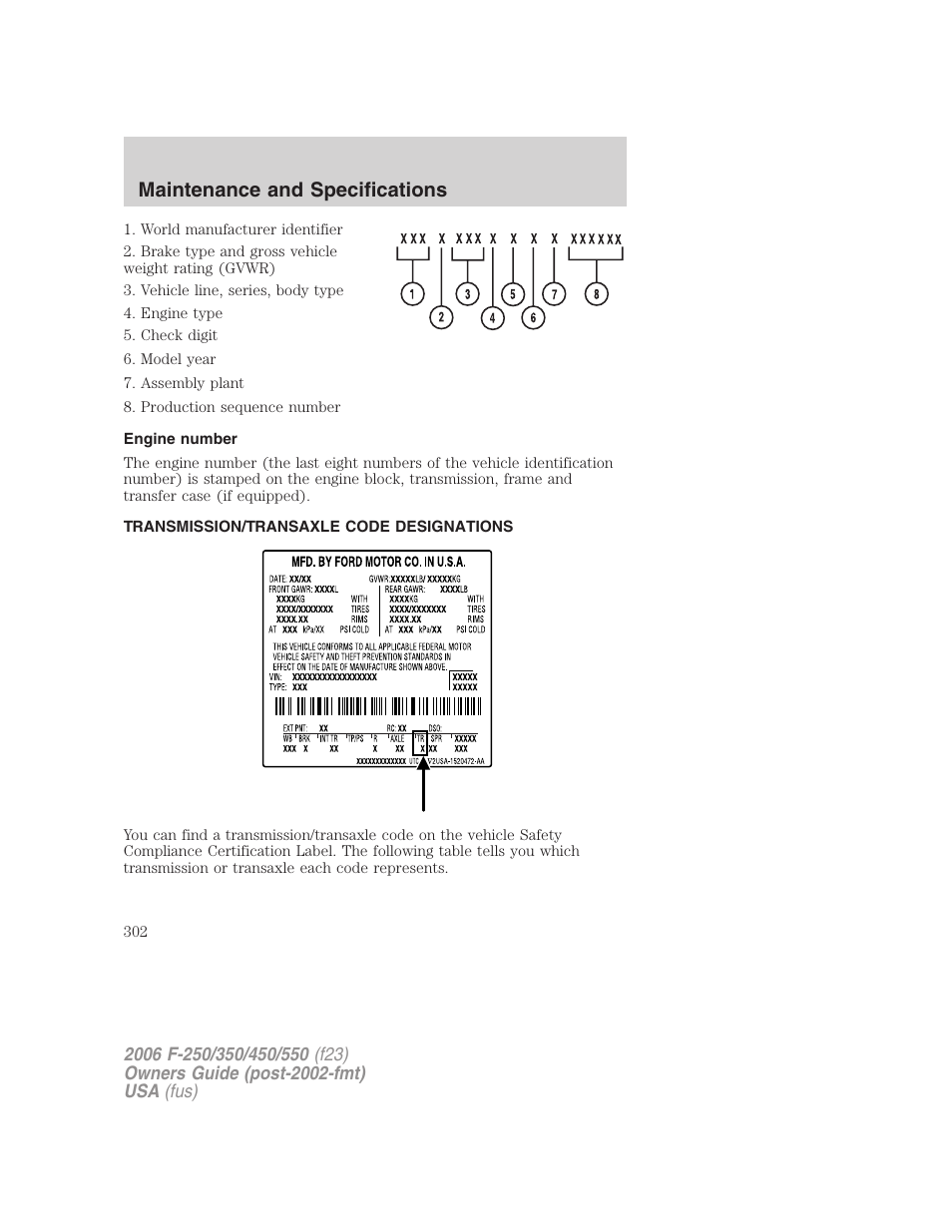 Engine number, Transmission/transaxle code designations, Maintenance and specifications | FORD 2006 F-550 v.1 User Manual | Page 302 / 312