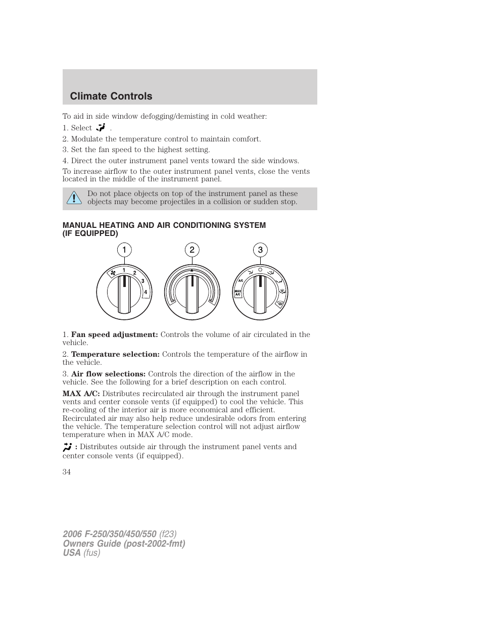 Manual heating and air conditioning, Climate controls | FORD 2006 F-550 v.1 User Manual | Page 34 / 312