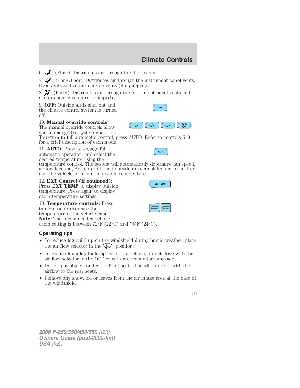 Operating tips, Climate controls | FORD 2006 F-550 v.1 User Manual | Page 37 / 312