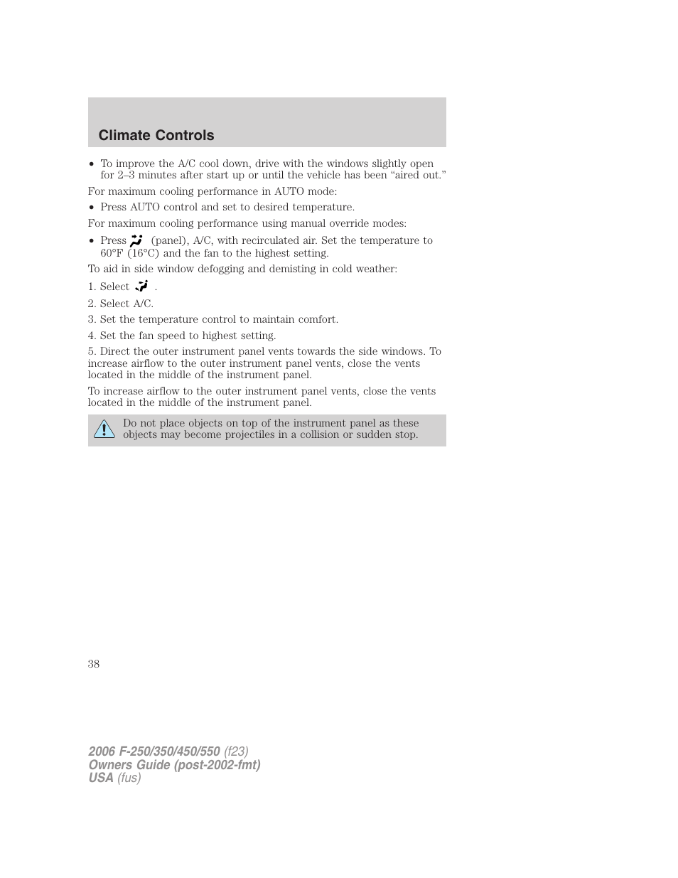 Climate controls | FORD 2006 F-550 v.1 User Manual | Page 38 / 312