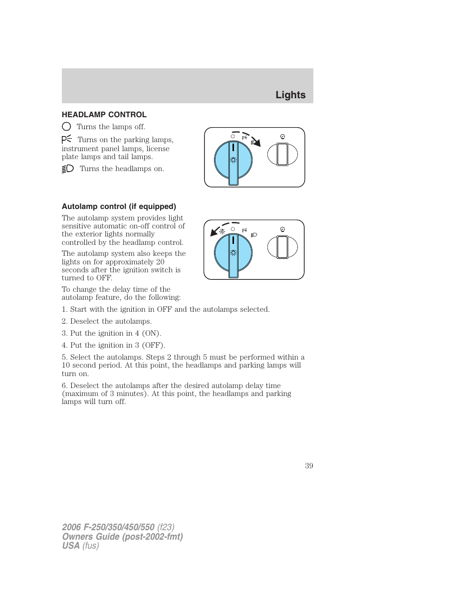 Lights, Headlamp control, Autolamp control (if equipped) | Headlamps | FORD 2006 F-550 v.1 User Manual | Page 39 / 312