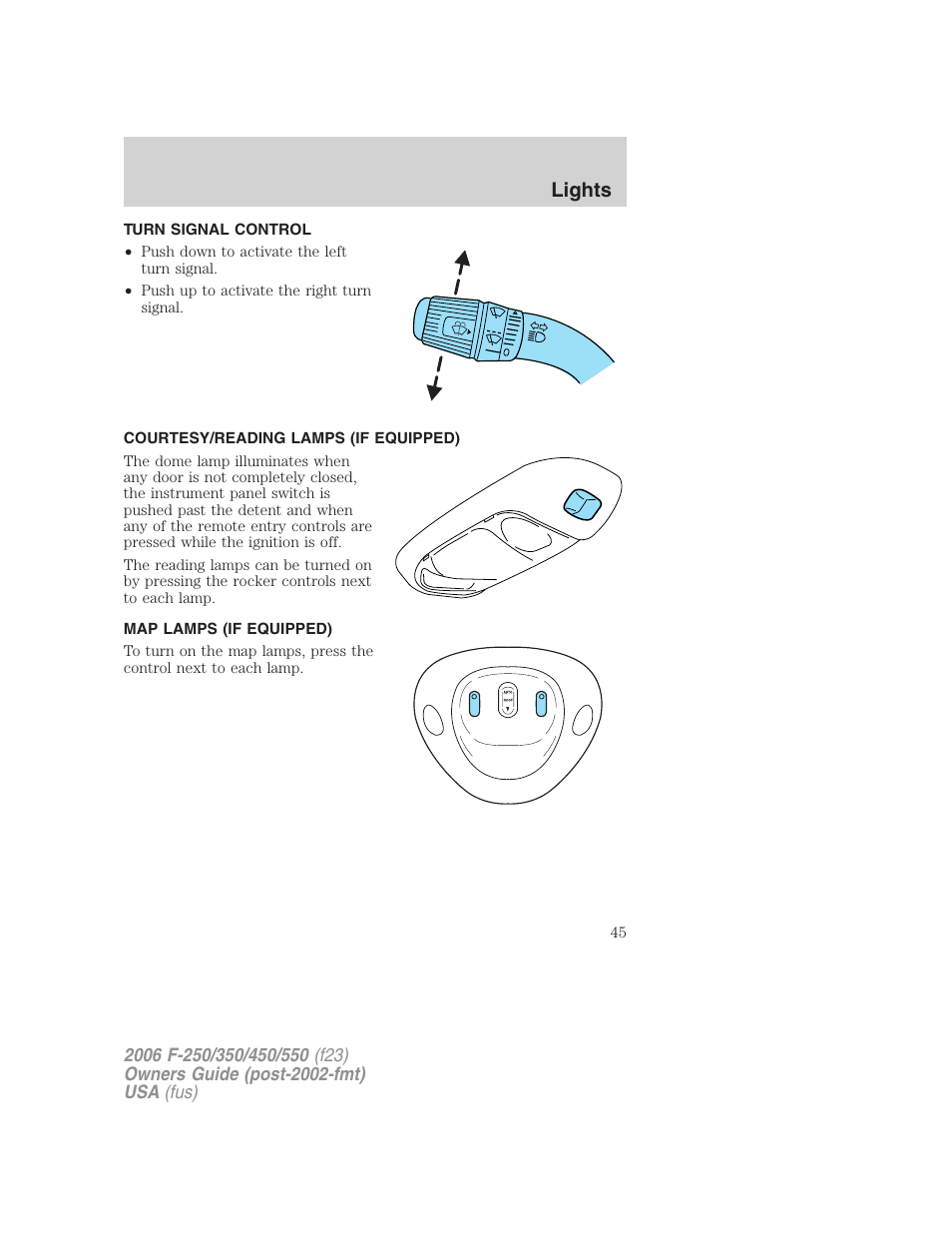 Turn signal control, Courtesy/reading lamps (if equipped), Map lamps (if equipped) | Lights | FORD 2006 F-550 v.1 User Manual | Page 45 / 312
