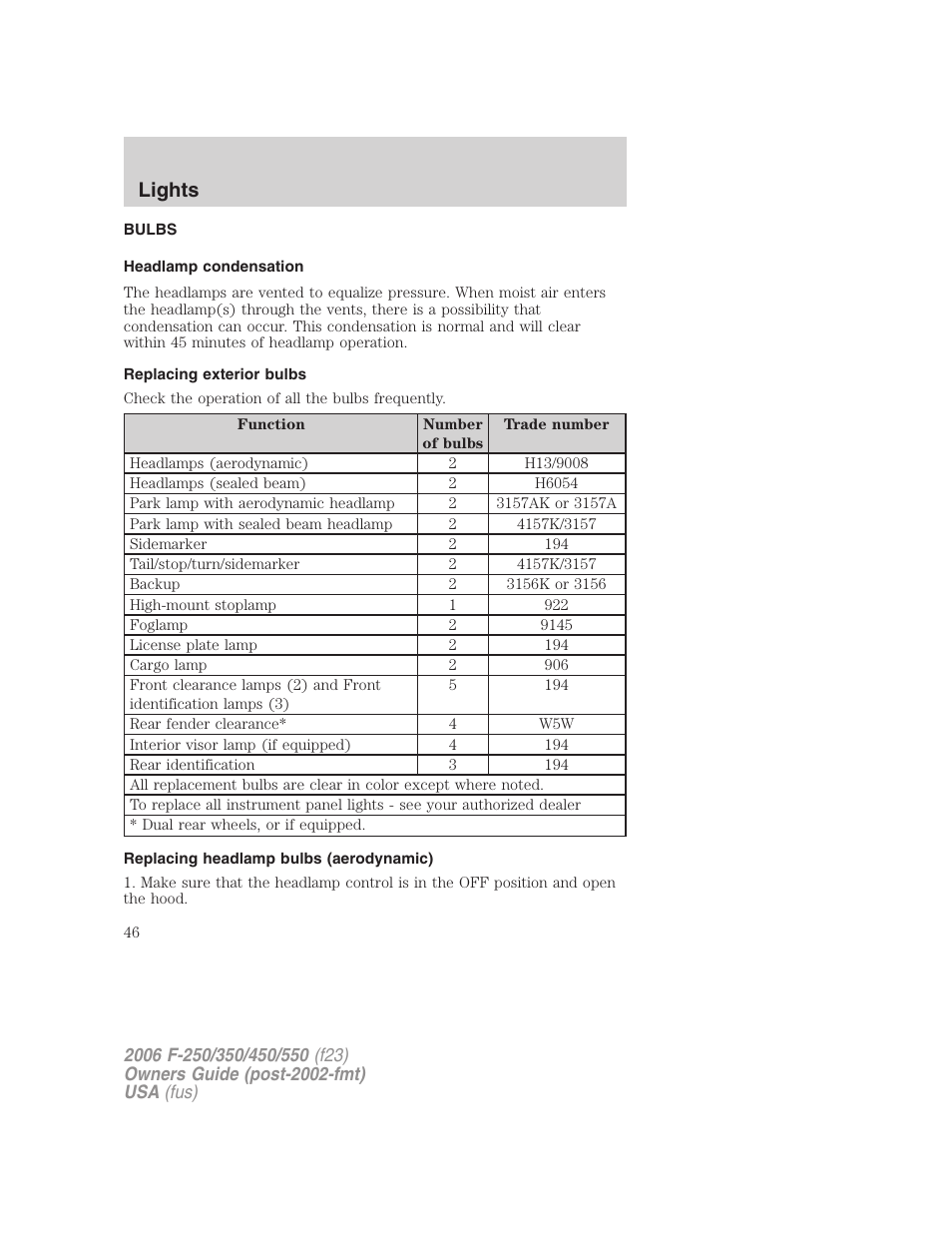 Bulbs, Headlamp condensation, Replacing exterior bulbs | Replacing headlamp bulbs (aerodynamic), Bulb replacement, Lights | FORD 2006 F-550 v.1 User Manual | Page 46 / 312