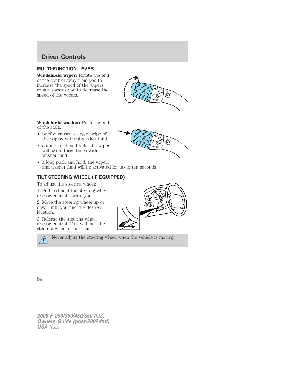 Driver controls, Multi-function lever, Tilt steering wheel (if equipped) | Windshield wiper/washer control, Steering wheel adjustment | FORD 2006 F-550 v.1 User Manual | Page 54 / 312