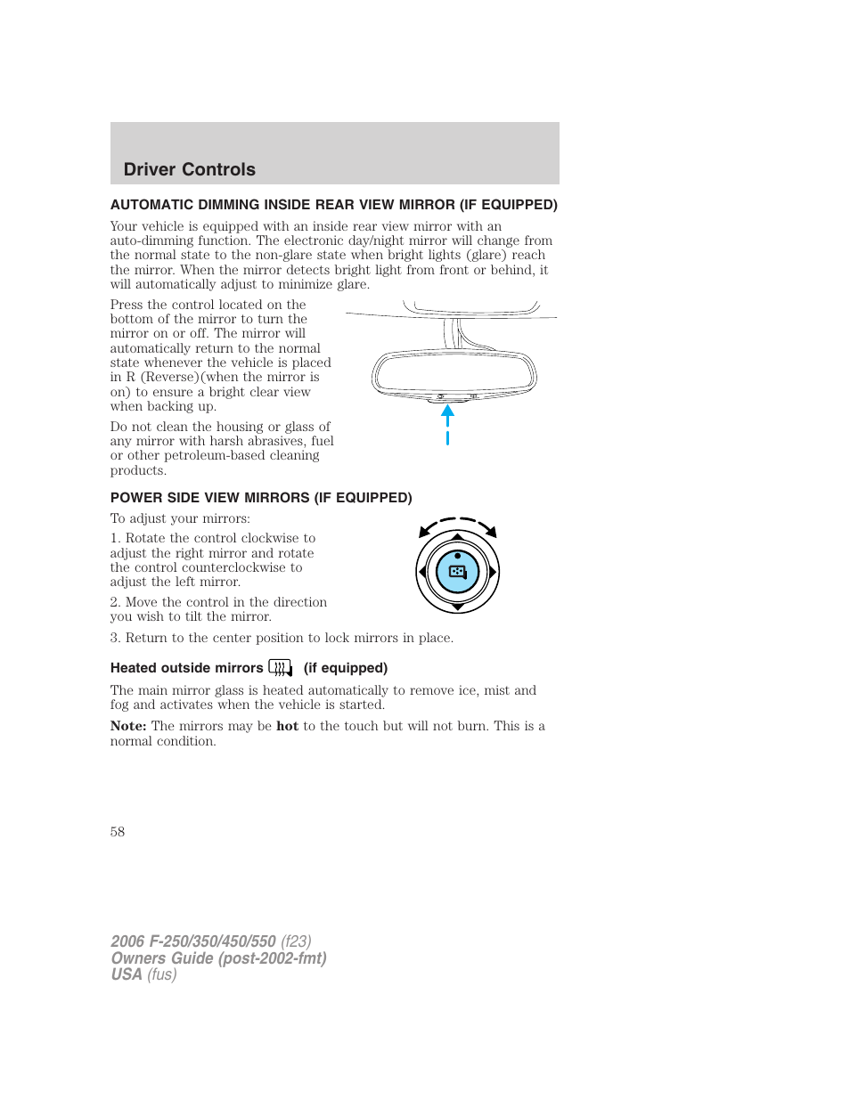 Power side view mirrors (if equipped), Heated outside mirrors (if equipped), Mirrors | Driver controls | FORD 2006 F-550 v.1 User Manual | Page 58 / 312