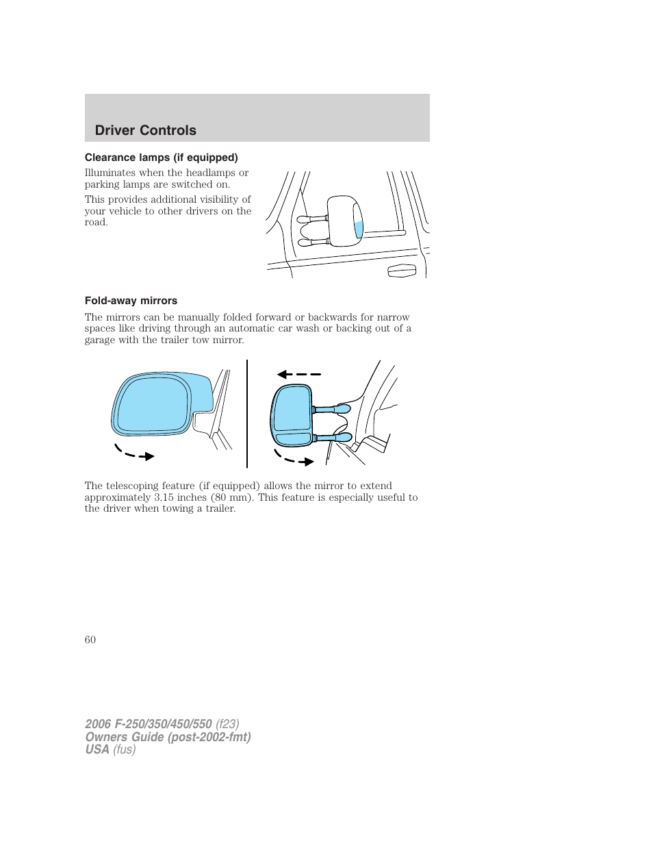 Clearance lamps (if equipped), Fold-away mirrors, Driver controls | FORD 2006 F-550 v.1 User Manual | Page 60 / 312