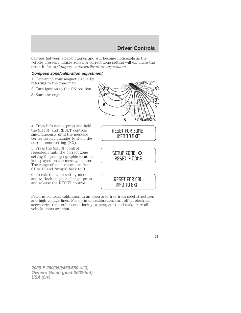 Compass zone/calibration adjustment, Driver controls | FORD 2006 F-550 v.1 User Manual | Page 71 / 312