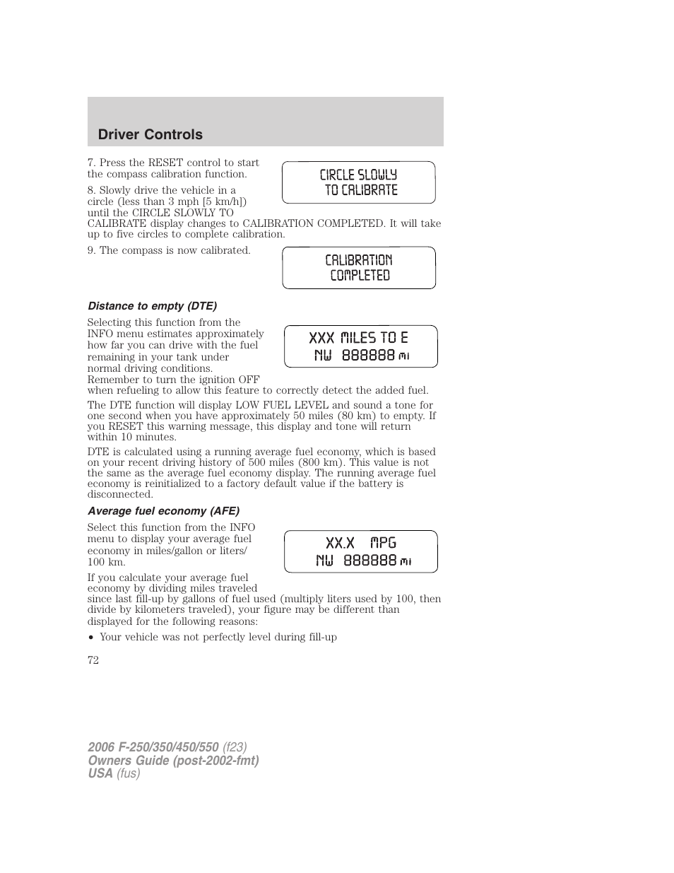 Distance to empty (dte), Average fuel economy (afe), Driver controls | FORD 2006 F-550 v.1 User Manual | Page 72 / 312