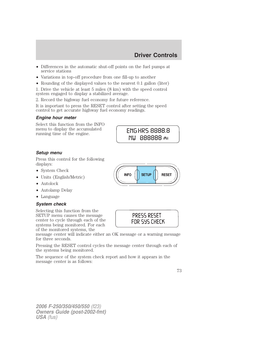 Engine hour meter, Setup menu, System check | Driver controls | FORD 2006 F-550 v.1 User Manual | Page 73 / 312