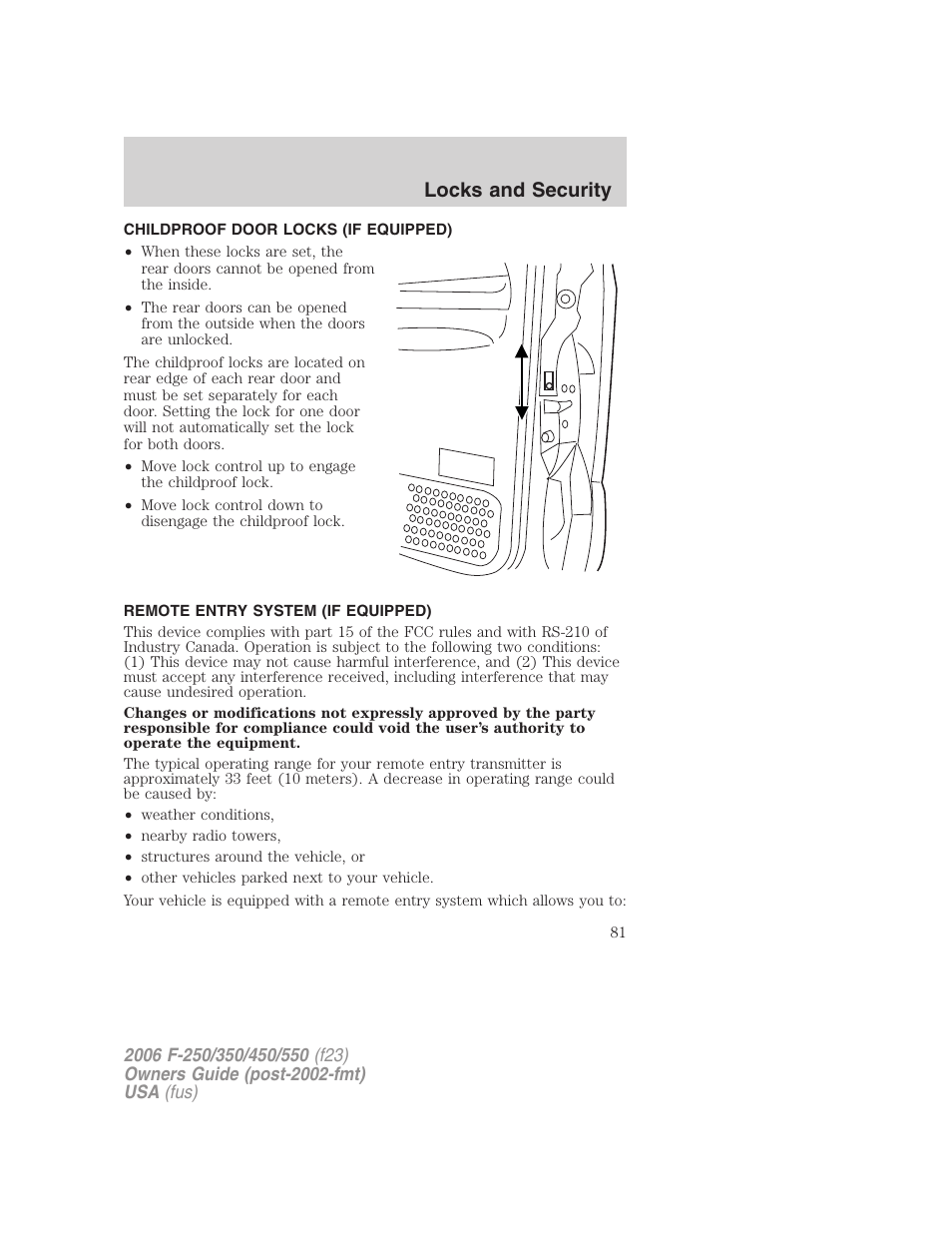 Childproof door locks (if equipped), Remote entry system (if equipped), Locks and security | FORD 2006 F-550 v.1 User Manual | Page 81 / 312