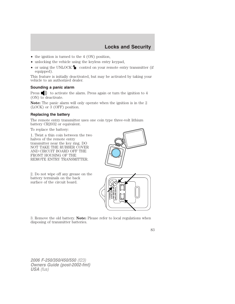 Sounding a panic alarm, Replacing the battery, Locks and security | FORD 2006 F-550 v.1 User Manual | Page 83 / 312