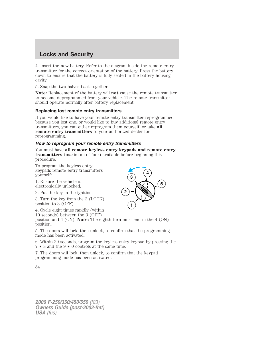Replacing lost remote entry transmitters, How to reprogram your remote entry transmitters, Locks and security | FORD 2006 F-550 v.1 User Manual | Page 84 / 312