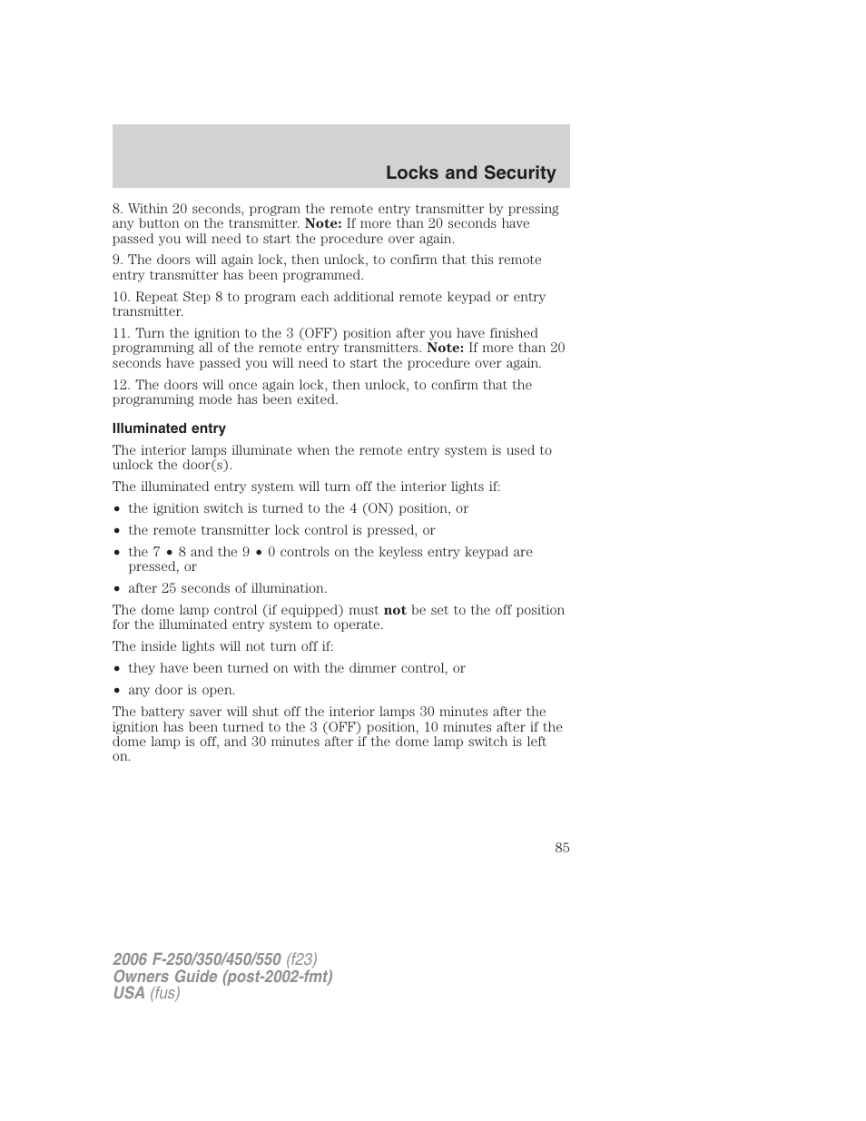 Illuminated entry, Locks and security | FORD 2006 F-550 v.1 User Manual | Page 85 / 312