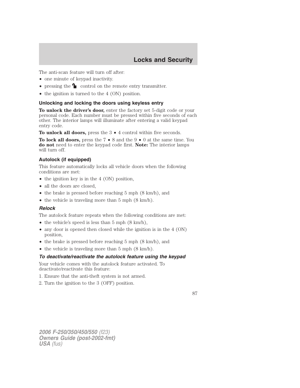 Autolock (if equipped), Relock, Locks and security | FORD 2006 F-550 v.1 User Manual | Page 87 / 312