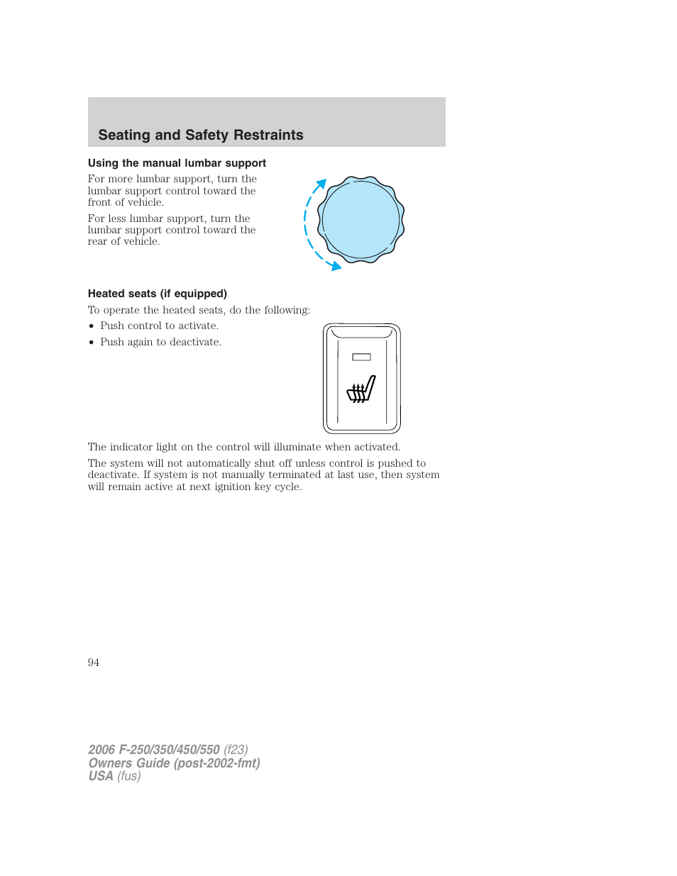 Using the manual lumbar support, Heated seats (if equipped), Seating and safety restraints | FORD 2006 F-550 v.1 User Manual | Page 94 / 312