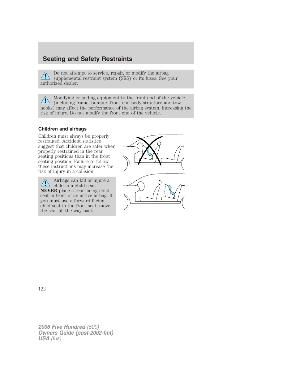 Children and airbags, Seating and safety restraints | FORD 2006 Five Hundred v.1 User Manual | Page 122 / 272