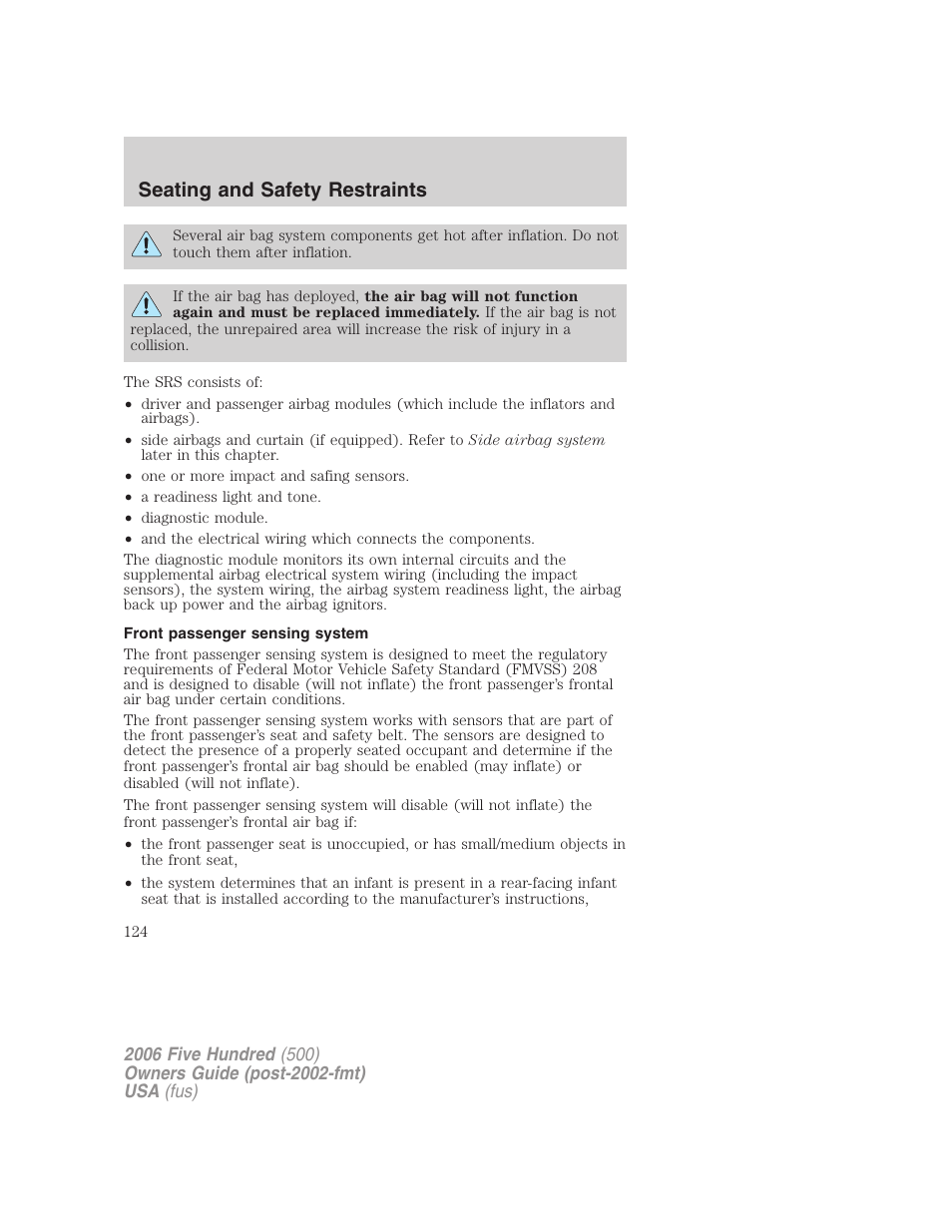 Front passenger sensing system, Seating and safety restraints | FORD 2006 Five Hundred v.1 User Manual | Page 124 / 272