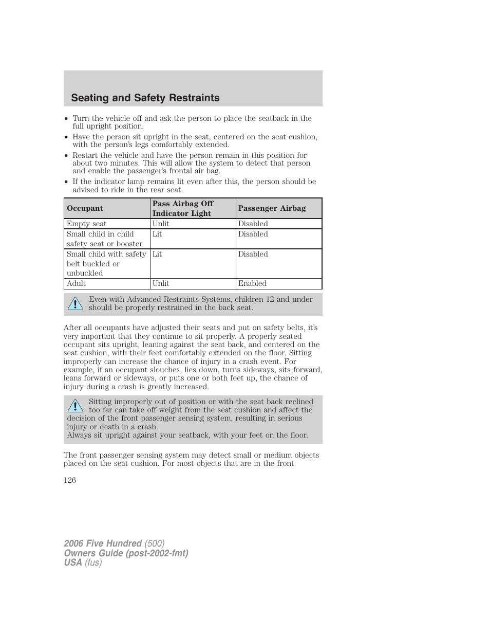 Seating and safety restraints | FORD 2006 Five Hundred v.1 User Manual | Page 126 / 272