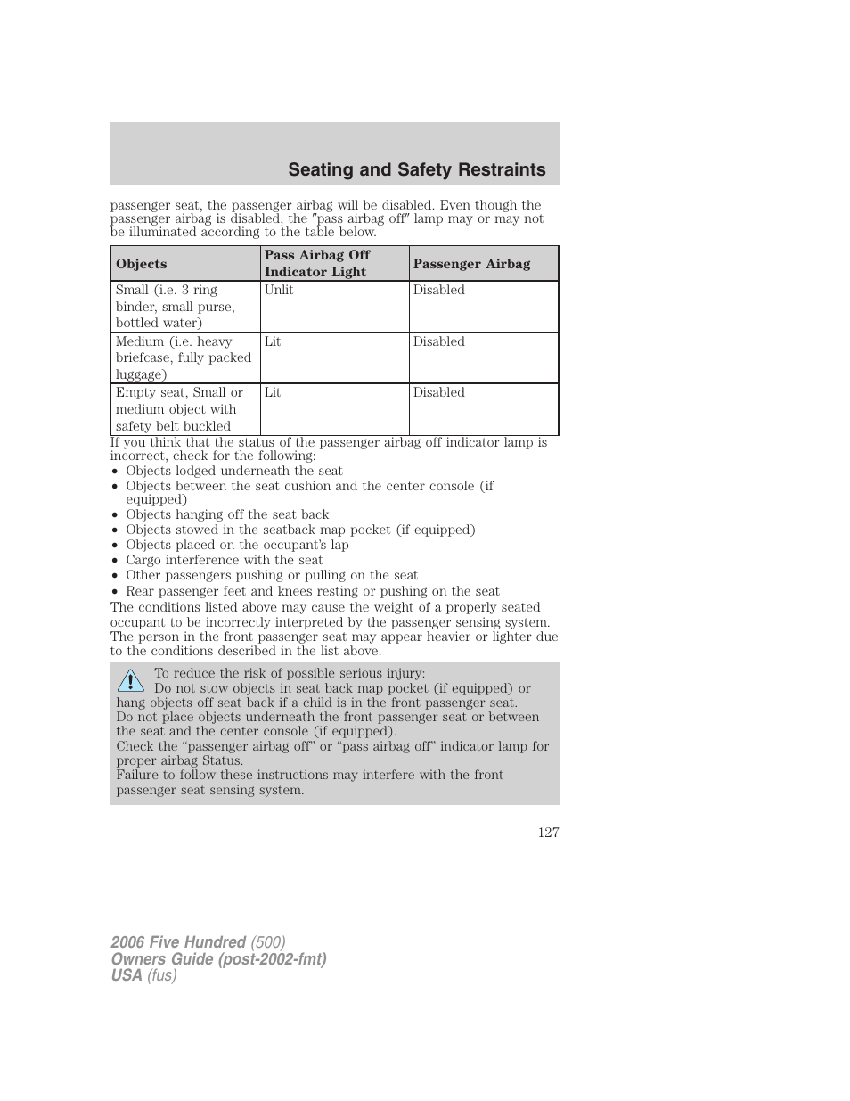 Seating and safety restraints | FORD 2006 Five Hundred v.1 User Manual | Page 127 / 272