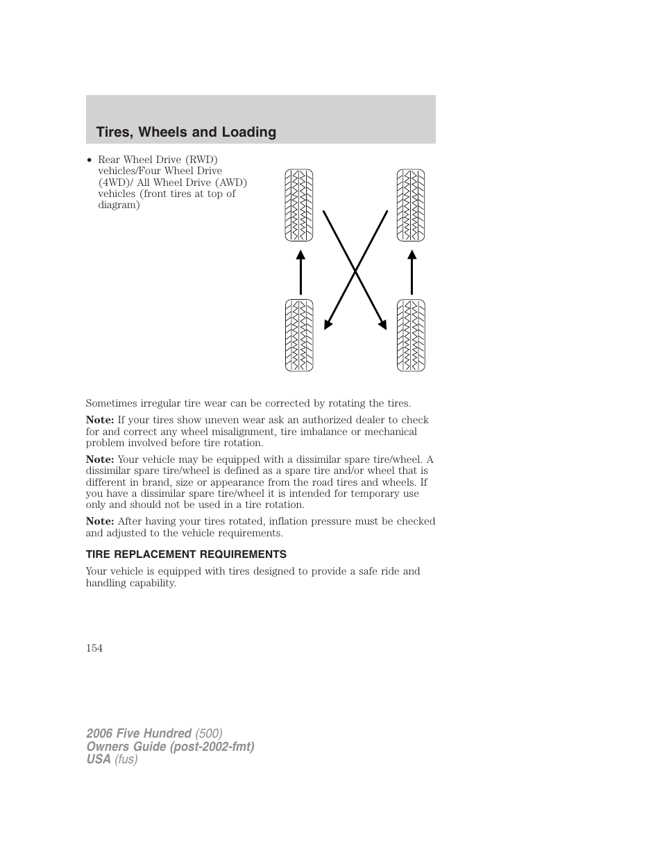 Tire replacement requirements, Tires, wheels and loading | FORD 2006 Five Hundred v.1 User Manual | Page 154 / 272