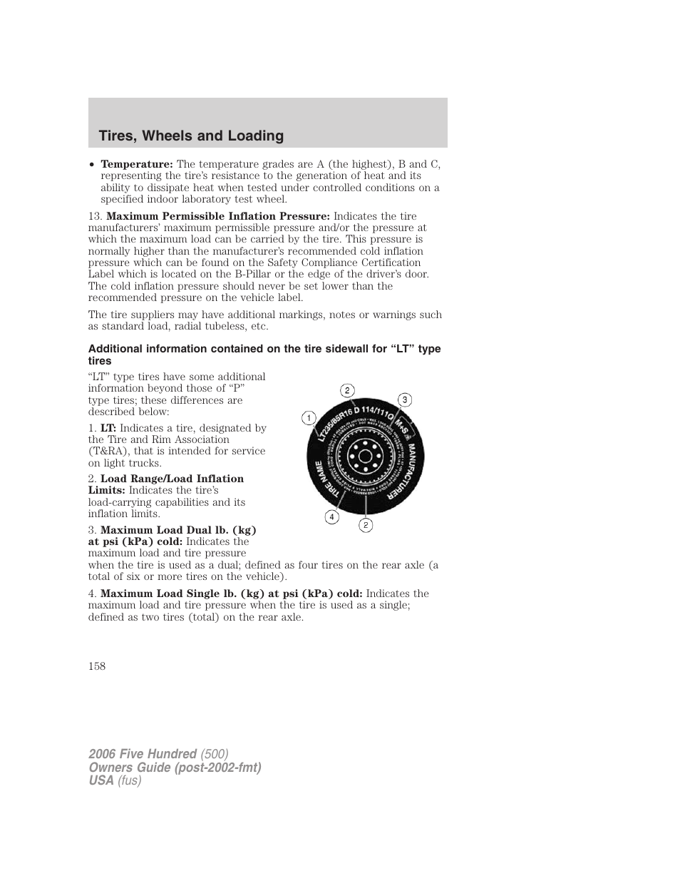 Tires, wheels and loading | FORD 2006 Five Hundred v.1 User Manual | Page 158 / 272