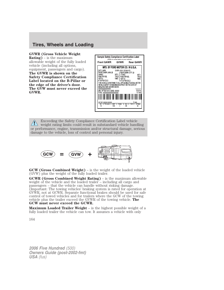 Tires, wheels and loading | FORD 2006 Five Hundred v.1 User Manual | Page 164 / 272