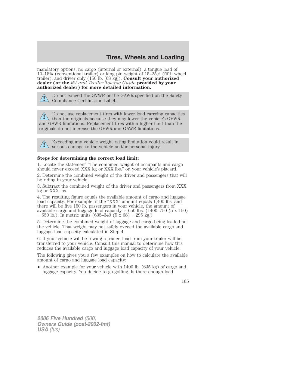 Tires, wheels and loading | FORD 2006 Five Hundred v.1 User Manual | Page 165 / 272
