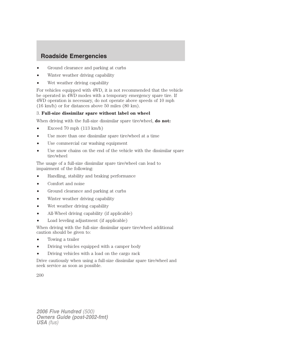 Roadside emergencies | FORD 2006 Five Hundred v.1 User Manual | Page 200 / 272