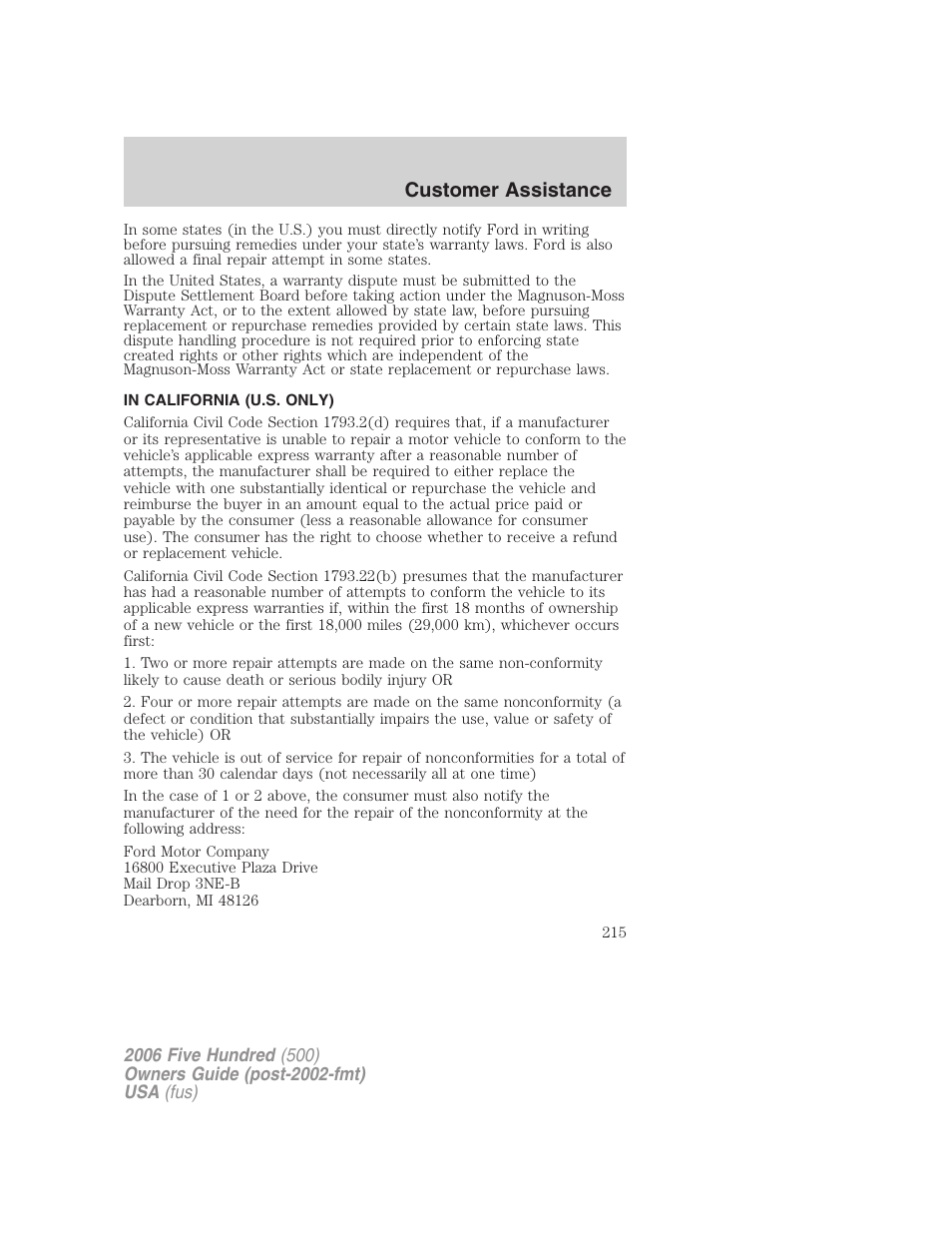 In california (u.s. only), Customer assistance | FORD 2006 Five Hundred v.1 User Manual | Page 215 / 272